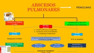 ABSCESOS
PULMONARES
PENICILINAS
Clindamicina (600mg
IV c/8h)
SI Hay
Mejoría
NO Hay
Mejoría
Desaparece la fiebre
Clindamicina (300mg
VO c/6h)
Combinación IV de un B-
lactàmico con B- lactamasa
SI Hay
Mejoría
El Pc se estabiliza
Amoxicilina +
Clavulanato VO
DURACION DE TRATAMIENTO
3-4 sem – 14 sem
 10-20 % enfermos no responden
 Un Absceso >6-8 cm de diámetro
no responde al tratamiento
Pc que no responde al tratamiento / Estudios Dx
no identifican al patógeno
Resección
quirúrgica
Drenaje
Percutáneo
 