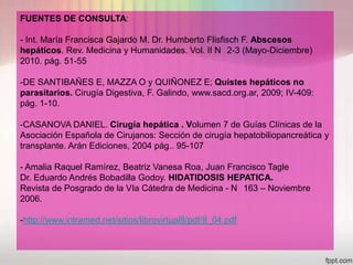 FUENTES DE CONSULTA:

- Int. María Francisca Gajardo M. Dr. Humberto Flisfisch F. Abscesos
hepáticos. Rev. Medicina y Humanidades. Vol. II N 2-3 (Mayo-Diciembre)
2010. pág. 51-55

-DE SANTIBAÑES E, MAZZA O y QUIÑONEZ E; Quistes hepáticos no
parasitarios. Cirugía Digestiva, F. Galindo, www.sacd.org.ar, 2009; IV-409:
pág. 1-10.

-CASANOVA DANIEL. Cirugía hepática . Volumen 7 de Guías Clínicas de la
Asociación Española de Cirujanos: Sección de cirugía hepatobiliopancreática y
transplante. Arán Ediciones, 2004 pág.. 95-107

- Amalia Raquel Ramírez, Beatriz Vanesa Roa, Juan Francisco Tagle
Dr. Eduardo Andrés Bobadilla Godoy. HIDATIDOSIS HEPATICA.
Revista de Posgrado de la VIa Cátedra de Medicina - N 163 – Noviembre
2006.

-http://www.intramed.net/sitios/librovirtual8/pdf/8_04.pdf
 