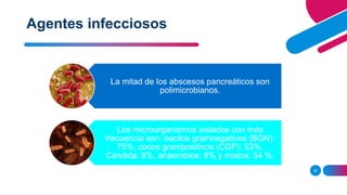 20
Agentes infecciosos
La mitad de los abscesos pancreáticos son
polimicrobianos.
Los microorganismos aislados con más
frecuencia son: bacilos gramnegativos (BGN):
75%, cocos grampositivos (CGP): 53%,
Candida: 8%, anaerobios: 8% y mixtos: 54 %.
 