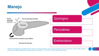 Alberto Pueyo Rabanala, Luis Giménez Alviraa, José Luis Lucena de la Pozaa, Juan González Gonzáleza, Antonio Colás Vicente. (Agosto 2009). Absceso
pancreático de origen extraglandular. Cirugía Española, Vol. 86. Núm. 2, 61-125. 26/7/19, De Elsevier Base de datos.
24
Manejo
Quirúrgico
Percutáneo
Endoscópico
 
