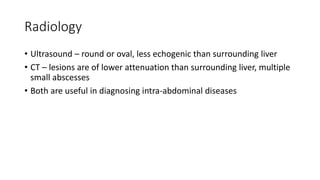 Radiology
• Ultrasound – round or oval, less echogenic than surrounding liver
• CT – lesions are of lower attenuation than surrounding liver, multiple
small abscesses
• Both are useful in diagnosing intra-abdominal diseases
 