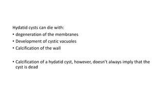 Hydatid cysts can die with:
• degeneration of the membranes
• Development of cystic vacuoles
• Calcification of the wall
• Calcification of a hydatid cyst, however, doesn’t always imply that the
cyst is dead
 