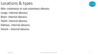 Locations & types
Skin- cutaneous or sub cutaneous abscess
Lungs- internal abscess.
Brain- internal abscess.
Teeth- internal abscess.
Kidneys- internal abscess.
Tonsils - internal abscess.
1/20/2018 www.microdoshomoeopathi.com 3
 