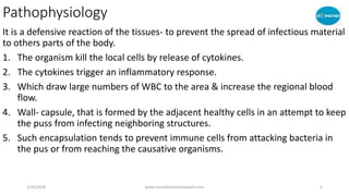 Pathophysiology
It is a defensive reaction of the tissues- to prevent the spread of infectious material
to others parts of the body.
1. The organism kill the local cells by release of cytokines.
2. The cytokines trigger an inflammatory response.
3. Which draw large numbers of WBC to the area & increase the regional blood
flow.
4. Wall- capsule, that is formed by the adjacent healthy cells in an attempt to keep
the puss from infecting neighboring structures.
5. Such encapsulation tends to prevent immune cells from attacking bacteria in
the pus or from reaching the causative organisms.
1/20/2018 www.microdoshomoeopathi.com 6
 