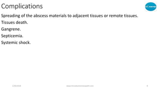 Complications
Spreading of the abscess materials to adjacent tissues or remote tissues.
Tissues death.
Gangrene.
Septicemia.
Systemic shock.
1/20/2018 www.microdoshomoeopathi.com 8
 