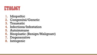 ETIOLOGY
1. Idiopathic
2. Congenital/Genetic
3. Traumatic
4. Infections/Infestation
5. Autoimmune
6. Neoplastic (Benign/Malignant)
7. Degenerative
8. Iatrogenic
 