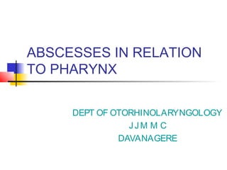 ABSCESSES IN RELATION
TO PHARYNX


     DEPT OF OTORHINOLARYNGOLOGY
                JJM M C
              DAVANAGERE
 