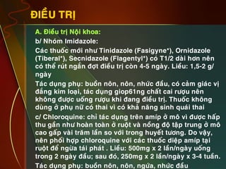 14
ÑIEÀU TRÒ
•  A. Ñieàu trò Noäi khoa:
•  b/ Nhoùm Imidazole:
•  Caùc thuoác môùi nhö Tinidazole (Fasigyne*), Ornidazole
(Tiberal*), Secnidazole (Flagentyl*) coù T1/2 daøi hôn neân
coù theå ruùt ngaén ñôït ñieàu trò coøn 4-5 ngaøy. Lieàu: 1,5-2 g/
ngaøy
•  Taùc duïng phuï: buoàn noân, noân, nhöùc ñaàu, coù caûm giaùc vò
ñaéng kim loaïi, taùc duïng giop61ng chaát cai röôïu neân
khoâng ñöôïc uoáng röôïu khi ñang ñieàu trò. Thuoác khoâng
duøng ôû phuï nöõ coù thai vì coù khaû naêng sinh quaùi thai
•  c/ Chloroquine: chæ taùc duïng treân amíp ôû moâ vì ñöôïc haáp
thu gaàn nhö hoaøn toaøn ôû ruoät vaø noàng ñoä taäp trung ôû moâ
cao gaáp vaøi traêm laàn so vôùi trong huyeát töông. Do vaäy,
neân phoái hôïp chloroquine vôùi caùc thuoác dieäp amíp taïi
ruoät ñeå ngöøa taùi phaùt . Lieàu: 500mg x 2 laàn/ngaøy uoáng
trong 2 ngaøy ñaàu; sau ñoù, 250mg x 2 laàn/ngaøy x 3-4 tuaàn.
•  Taùc duïng phuï: buoàn noân, noân, ngöùa, nhöùc ñaàu
 