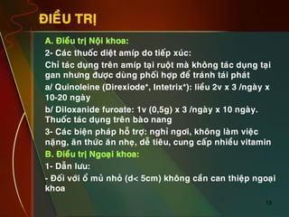 15
ÑIEÀU TRÒ
•  A. Ñieàu trò Noäi khoa:
•  2- Caùc thuoác dieät amíp do tieáp xuùc:
•  Chæ taùc duïng treân amíp taïi ruoät maø khoâng taùc duïng taïi
gan nhöng ñöôïc duøng phoái hôïp ñeå traùnh taùi phaùt
•  a/ Quinoleine (Direxiode*, Intetrix*): lieàu 2v x 3 /ngaøy x
10-20 ngaøy
•  b/ Diloxanide furoate: 1v (0,5g) x 3 /ngaøy x 10 ngaøy.
Thuoác taùc duïng treân baøo nang
•  3- Caùc bieän phaùp hoã trôï: nghæ ngôi, khoâng laøm vieäc
naëng, aên thöùc aên nheï, deã tieâu, cung caáp nhieàu vitamin
•  B. Ñieàu trò Ngoaïi khoa:
•  1- Daãn löu:
•  - Ñoái vôùi oå muû nhoû (d< 5cm) khoâng caàn can thieäp ngoaïi
khoa
 