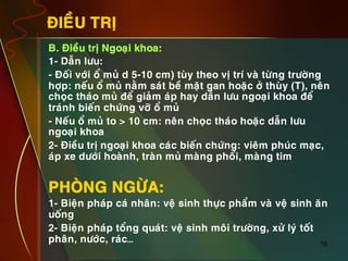16
ÑIEÀU TRÒ
•  B. Ñieàu trò Ngoaïi khoa:
•  1- Daãn löu:
•  - Ñoái vôùi oå muû d 5-10 cm) tuøy theo vò trí vaø töøng tröôøng
hôïp: neáu oå muû naèm saùt beà maët gan hoaëc ôû thuøy (T), neân
choïc thaùo muû ñeå giaûm aùp hay daãn löu ngoaïi khoa ñeå
traùnh bieán chöùng vôõ oå muû
•  - Neáu oå muû to > 10 cm: neân choïc thaùo hoaëc daãn löu
ngoaïi khoa
•  2- Ñieàu trò ngoaïi khoa caùc bieán chöùng: vieâm phuùc maïc,
aùp xe döôùi hoaønh, traøn muû maøng phoåi, maøng tim
•  PHOØNG NGÖØA:
•  1- Bieän phaùp caù nhaân: veä sinh thöïc phaåm vaø veä sinh aên
uoáng
•  2- Bieän phaùp toång quaùt: veä sinh moâi tröôøng, xöû lyù toát
phaân, nöôùc, raùc…
 