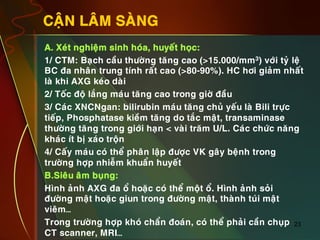 23
CAÄN LAÂM SAØNG
•  A. Xeùt nghieäm sinh hoùa, huyeát hoïc:
•  1/ CTM: Baïch caàu thöôøng taêng cao (>15.000/mm3) vôùi tyû leä
BC ña nhaân trung tính raát cao (>80-90%). HC hôi giaûm nhaát
laø khi AXG keùo daøi
•  2/ Toác ñoä laéng maùu taêng cao trong giôø ñaàu
•  3/ Caùc XNCNgan: bilirubin maùu taêng chuû yeáu laø Bili tröïc
tieáp, Phosphatase kieàm taêng do taéc maät, transaminase
thöôøng taêng trong giôùi haïn < vaøi traêm U/L. Caùc chöùc naêng
khaùc ít bò xaùo troän
•  4/ Caáy maùu coù theå phaân laäp ñöôïc VK gaây beänh trong
tröôøng hôïp nhieãm khuaån huyeát
•  B.Sieâu aâm buïng:
•  Hình aûnh AXG ña oå hoaëc coù theå moät oå. Hình aûnh soûi
ñöôøng maät hoaëc giun trong ñöôøng maät, thaønh tuùi maät
vieâm…
•  Trong tröôøng hôïp khoù chaån ñoaùn, coù theå phaûi caàn chuïp
CT scanner, MRI…
 