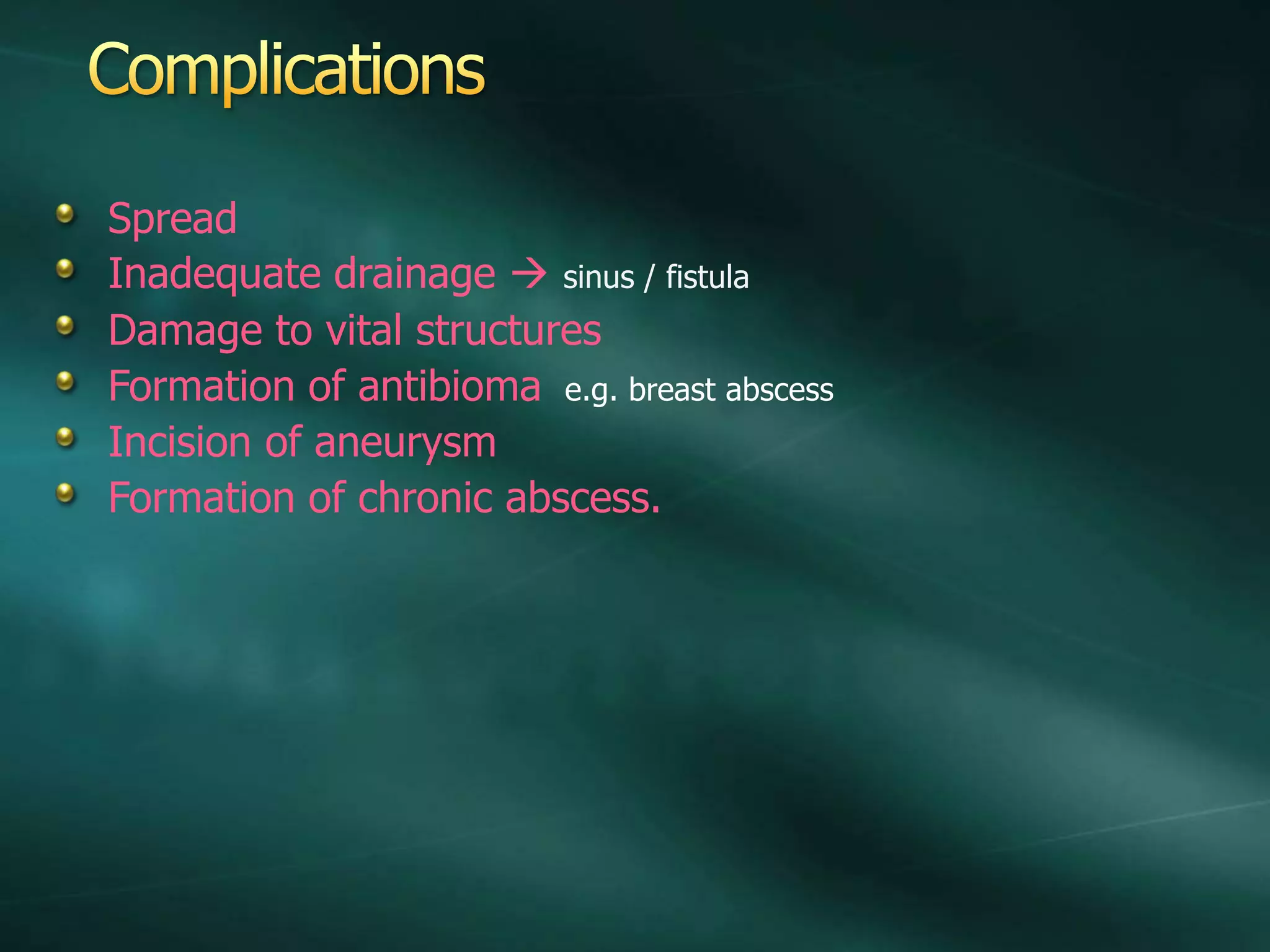 Spread
Inadequate drainage  sinus / fistula
Damage to vital structures
Formation of antibioma e.g. breast abscess
Incision of aneurysm
Formation of chronic abscess.
 