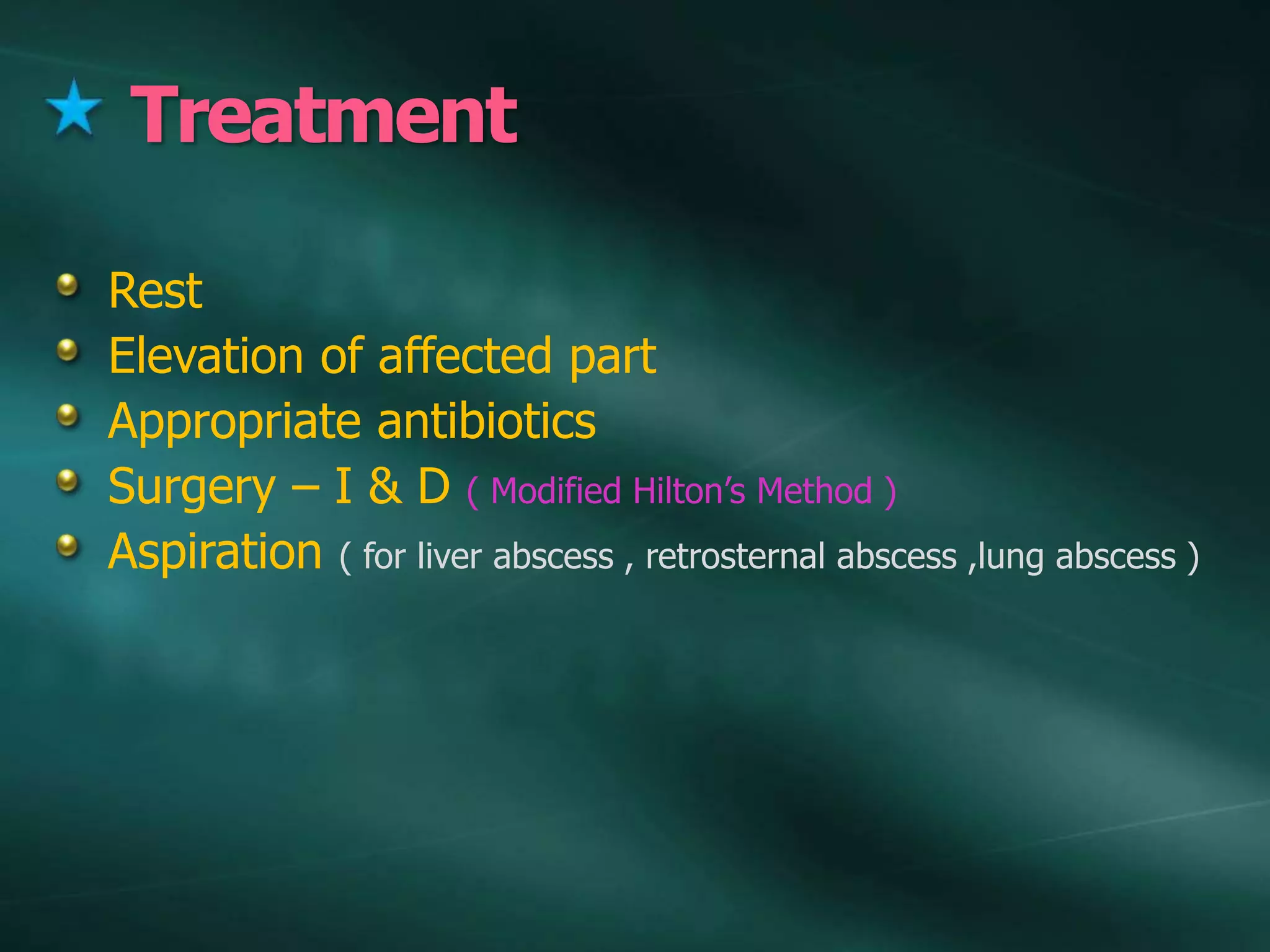 Treatment
Rest
Elevation of affected part
Appropriate antibiotics
Surgery – I & D ( Modified Hilton’s Method )
Aspiration ( for liver abscess , retrosternal abscess ,lung abscess )
 