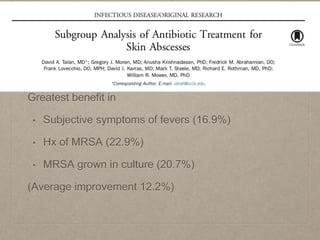 Greatest benefit in
• Subjective symptoms of fevers (16.9%)
• Hx of MRSA (22.9%)
• MRSA grown in culture (20.7%)
(Average improvement 12.2%)
 