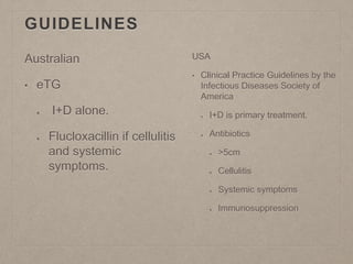 GUIDELINES
Australian
• eTG
I+D alone.
Flucloxacillin if cellulitis
and systemic
symptoms.
USA
• Clinical Practice Guidelines by the
Infectious Diseases Society of
America
I+D is primary treatment.
Antibiotics
>5cm
Cellulitis
Systemic symptoms
Immunosuppression
 