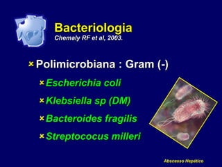 Abscesso Hepático
Bacteriologia
Chemaly RF et al, 2003.
Polimicrobiana : Gram (-)
Escherichia coli
Klebsiella sp (DM)
Bacteroides fragilis
Streptococus milleri
 