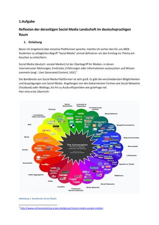 1.Aufgabe
Reflexion der derzeitigen Social Media Landschaft im deutschsprachigen
Raum
1. Einleitung
Bevor ich eingehend über einzelne Plattformen spreche, möchte ich vorher den für uns MEB-
Studenten so alltäglichen Begriff "Social Media" einmal definieren um den Einstieg ins Thema ein
bisschen zu erleichtern.
Social Media (deutsch: soziale Medien) ist der Überbegriff für Medien, in denen
Internetnutzer Meinungen, Eindrücke, Erfahrungen oder Informationen austauschen und Wissen
sammeln (engl.: User Generated Content, UGC).1
Die Bandbreite von Social Media Plattformen ist sehr groß. Es gibt die verschiedensten Möglichkeiten
und Ausprägungen von Social Media. Angefangen von den bekanntesten Formen wie Social Networks
(Facebook) oder Weblogs, bis hin zu Auskunftsportalen wie gutefrage.net.
Hier eine erste Übersicht:
Abbildung 1: Bandbreite Social Media
1
http://www.onlinemarketing-praxis.de/glossar/social-media-soziale-medien
 