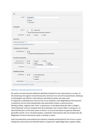 Abbildung 3: zielgruppenspezifische Werbung auf FB
Die zweite und wahrscheinlich effektivere Methode Facebook für sein Unternehmen zu nutzen, ist
die Gestaltung einer eigenen Unternehmensseite. Dort kann man seine Firma präsentieren, Werbung
und Kampagnen durchführen, Informationen und Inhalte verteilen und vieles mehr.
Im Gegensatz zu Werbebannern hat man hier um ein Vielfaches mehr Möglichkeiten Informationen
zu platzieren und mit seinen bestehenden oder potentiellen Kunden zu kommunizieren.
Wichtig ist dabei, möglichst viele "Likes" zu generieren, um die Bekanntheit der Seite zu steigern.
"Reine Werbung" auf einer Facebook-Seite wird allerdings in den meisten Fällen zu wenig sein, um
dauerhaft Besucher auf die Seite locken zu können. Es muss für die Nutzer ein gewisser Mehrwert
geschaffen werden. Sei es mit Gewinnspielen, zusätzlichen Informationen über das Produkt oder die
Möglichkeit mit dem Unternehmen direkt in Kontakt zu treten.
Viele Verantwortliche unterschätzen den Aufwand, Facebook professionell für ihre Firma zu nutzen.
Erfolgreiche Unternehmen wie Red Bull haben es vorgemacht: regelmäßige Status-Updates, Bilder,
 