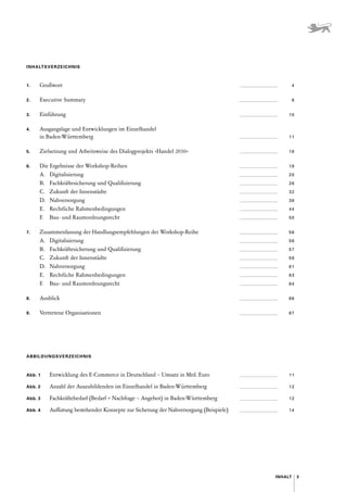 3
Inhalt
INHALTSVERZEICHNIS
ABBILDUNGSVERZEICHNIS
1.	 Grußwort  4
2.	 Executive Summary  6
3.	 Einführung  10
4.	 Ausgangslage und Entwicklungen im Einzelhandel
in Baden-Württemberg  11
5.	 Zielsetzung und Arbeitsweise des ­
Dialogprojekts »Handel 2030«  18
6.	 Die Ergebnisse der Workshop-Reihen  19
A.	 Digitalisierung  20
B.	 Fachkräftesicherung und ­
Qualifizierung  26
C.	 Zukunft der Innenstädte  32
D.	 Nahversorgung  38
E.	 Rechtliche Rahmenbedingungen  44
F.	 Bau- und Raumordnungsrecht  50
7.	 Zusammenfassung der Handlungs­
empfehlungen der Workshop-Reihe  56
A.	 Digitalisierung  56
B.	 Fachkräftesicherung und Qualifizierung  57
C.	 Zukunft der Innenstädte  59
D.	 Nahversorgung  61
E.	 Rechtliche Rahmenbedingungen  63
F.	 Bau- und Raumordnungsrecht  64
8.	 Ausblick  66
9.	 Vertretene Organisationen  67
Abb. 1	 Entwicklung des E-Commerce in Deutschland – Umsatz in Mrd. Euro  11
Abb. 2	 Anzahl der Auszubildenden im Einzelhandel in Baden-Württemberg 12
Abb. 3	 Fachkräftebedarf (Bedarf = Nachfrage – Angebot) in Baden-Württemberg 12
Abb. 4	 Auflistung bestehender Konzepte zur Sicherung der Nahversorgung (Beispiele) 14
 