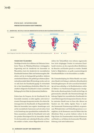 34 WORKSHOP ZUKUNFT DER INNENSTÄDTE
STATUS QUO – SITUATION IN DEN
­INNENSTÄDTEN  BADEN-WÜRTTEMBERGS
THESEN DER TEILNEHMER
Nachfolgend werden die im Rahmen der Diskussion formu-
lierten Thesen der Workshop-Teilnehmer wiedergegeben.
Gegenwärtig wird die Attraktivität der Innenstädte im
­
Wesentlichen durch die Attraktivität des innerstädtischen
Einzelhandels bestimmt. Dabei sind Sortimentsangebot, Mit-
arbeiter und das im Ladengeschäft geschaffene Ambiente
entscheidende Faktoren. Die großteils gut erhaltenen (histo-
rischen) Innenstädte Baden-­
Württembergs werden nach wie
vor stark durch den Einzelhandel geprägt. Er erwirtschaftet
die zu ihrer Instandhaltung erforderlichen Mittel. Ein wirt-
schaftlich erfolgreicher Einzelhandel ist damit unmittelbare
Bedingung für den Erhalt der (historischen) Stadtkerne.
Zudem kann die Frequenz, die der Einzelhandel für die
Innenstädte einnimmt, vor allem tagsüber, nicht durch al-
ternative Nutzungen kompensiert werden. Ein relativer Be-
deutungsverlust des Einzelhandels als Hauptattraktivitäts-
faktor der Innenstädte, kann negative Auswirkungen auch
auf die innerstädtische Gastronomie nach sich ziehen. Sonst
ist die Entstehung eines grundsätzlichen strukturellen Pro-
blems anzunehmen, sobald der Einzelhandel nicht mehr
den primären Besuchsgrund für die Innenstädte darstellt.
Um die Innenstädte auch zukünftig für Besucher und Kun-
den attraktiv zu halten, müssen Magnetbetriebe in Innen-
städten ihre Verkaufsfläche trotz teilweise stagnierender
bzw. leicht rückgängiger Umsätze im stationären Einzel-
handel erweitern, um den anspruchsvolleren Bedürfnissen
der Besucher und Kunden gerecht zu werden. Deshalb
bedarf es Möglichkeiten, um große zusammenhängende
Einzelhandelsflächen in den Innenstädten zu schaffen.
Die Umsatzabschöpfung des Online-Handels vom statio-
nären Handel wird bislang in städtischen (Einzelhandels-)
Entwicklungskonzepten oft nicht ausreichend berücksich-
tigt und muss zukünftig, v. a. bei Kaufkraftanalysen, welche
im Rahmen von Standortansiedlungsprozessen durchge-
führt werden, Beachtung finden. Es stellt sich die Frage, ob
gastronomische, kulturelle oder Freizeiteinrichtungen die
bisherige Zugkraft des innerstädtischen Einzelhandels bei
einem Bedeutungsverlust kompensieren könnten. Ein star-
ker stationärer Handel muss im Sinne aller Akteure am
Standort sein. Der Aufbau digitaler Netze in staatli-
cher / kommunaler Verantwortung ist hilfreich, um gemein-
same Werbeaktivitäten und Einkaufskooperationen zu er-
möglichen, da die Kommunen sonst die Hoheit über ihre
öffentlichen Netze an private Anbieter verliert. In der
Folge könnte die Zusammenarbeit zwischen Kommunen
und Handel, u. a. im Rahmen der kommunalen Wirtschafts-
förderung, nicht mehr funktionieren.
C.1  BEWERTUNG : WIE STELLT SICH DIE INNENSTADTSITUATION IN DEN FOLGENDEN BEREICHEN DAR ?
optimal
sehr schlecht
HANDEL GASTRONOMIE WOHNEN
Quelle: Dialogprojekt Handel 2030 – WS Zukunft der Innenstädte, Visualisierung durch BBE Handelsberatung 2018     aktuell     zukünftig
 
