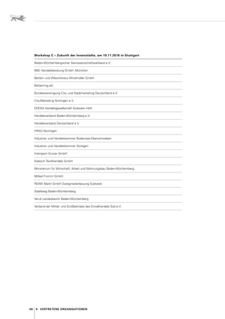 68 9.  Vertretene Organisationen
Workshop C – Zukunft der Innenstädte, am 19.11.2018 in Stuttgart
Baden-Württembergischer Genossenschaftsverband e. 
V.
BBE Handelsberatung GmbH, München
Betten- und Wäschehaus Windmüller GmbH
Bettenring eG
Bundesvereinigung City- und Stadtmarketing Deutschland e. 
V.
City-Marketing Nürtingen e. 
V.
EDEKA Handelsgesellschaft Südwest mbH
Handelsverband Baden-Württemberg e. 
V.
Handelsverband Deutschland e. 
V.
HfWU Nürtingen
Industrie- und Handelskammer Bodensee-Oberschwaben
Industrie- und Handelskammer Stuttgart
Intersport Gruner GmbH
Kolesch Textilhandels GmbH
Ministerium für Wirtschaft, Arbeit und Wohnungsbau Baden-Württemberg
Möbel Fromm GmbH
REWE Markt GmbH Zweigniederlassung Südwest
Städtetag Baden-Württemberg
Ver.di Landesbezirk Baden-Württemberg
Verband der Mittel- und Großbetriebe des Einzelhandels Süd e. 
V.
 