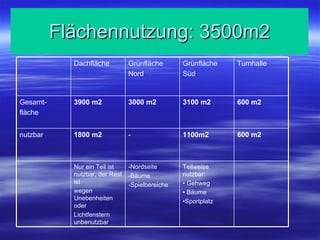 Flächennutzung: 3500m2 Nur ein Teil ist nutzbar, der Rest ist wegen Unebenheiten oder Lichtfenstern unbenutzbar 1800 m2 3900 m2 Dachfläche Teilweise nutzbar: •  Gehweg •  Bäume • Sportplatz -Nordseite -Bäume  -Spielbereiche 600 m2 1100m2 - nutzbar 600 m2 3100 m2 3000 m2 Gesamt- fläche Turnhalle Grünfläche Süd Grünfläche Nord 