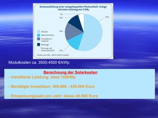 Modulkosten ca. 3500-4500 €/kWp Berechnung der Solarkosten   ->  Installierte Leistung: etwa 100kWp ->  Benötigte Investition: 300.000 - 450.000 Euro ->  Einspeisungssatz pro Jahr: etwas 40.000 Euro 