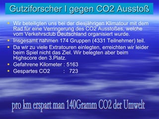 Gutziforscher I gegen CO2 Ausstoß Wir beteiligten uns bei der diesjährigen Klimatour mit dem Rad für eine Verringerung des CO2 Ausstoßes, welche vom Verkehrsclub Deutschland organisiert wurde. Insgesamt nahmen 174 Gruppen (4331 Teilnehmer) teil. Da wir zu viele Extratouren einlegten, erreichten wir leider beim Spiel nicht das Ziel. Wir belegten aber beim Highscore den 3.Platz. Gefahrene Kilometer : 5163 Gespartes CO2  :  723 pro km erspart man 140Gramm CO2 der Umwelt 