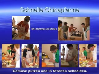 Schnelle Chinapfanne Reis abmessen und kochen. Gemüse putzen und in Streifen schneiden. 