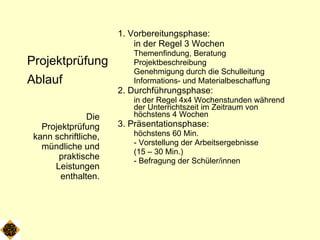 Projektprüfung Ablauf 1. Vorbereitungsphase:  in der Regel 3 Wochen Themenfindung, Beratung Projektbeschreibung Genehmigung durch die Schulleitung Informations- und Materialbeschaffung 2. Durchführungsphase:  in der Regel 4x4 Wochenstunden während der Unterrichtszeit im Zeitraum von höchstens 4 Wochen 3. Präsentationsphase:   höchstens 60 Min. - Vorstellung der Arbeitsergebnisse  (15 – 30 Min.) - Befragung der Schüler/innen Die Projektprüfung kann schriftliche, mündliche und praktische Leistungen enthalten. 
