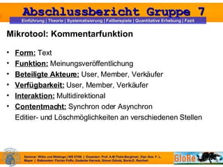 Mikrotool: Kommentarfunktion Form:   Text Funktion:   Meinungsveröffentlichung Beteiligte Akteure:   User, Member, Verkäufer Verfügbarkeit:   User, Member, Verkäufer  Interaktion:   Multidirektional Contentmacht:   Synchron oder Asynchron  Editier- und Löschmöglichkeiten an verschiedenen Stellen  