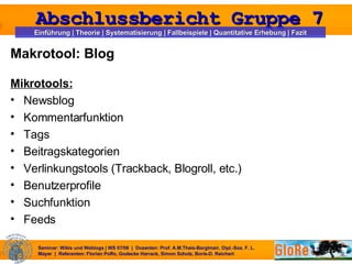 Makrotool: Blog Mikrotools: Newsblog Kommentarfunktion Tags Beitragskategorien  Verlinkungstools (Trackback, Blogroll, etc.) Benutzerprofile Suchfunktion  Feeds 