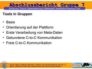 Tools in Gruppen Basis Orientierung auf der Plattform Erste Verarbeitung von Meta-Daten Gebundene C-to-C Kommunikation  Freie C-to-C Kommunikation 