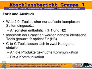 Fazit und Ausblick Web 2.0- Tools bisher nur auf sehr komplexen Seiten eingesetzt Ansonsten entbehrlich (H1 und H2) Innerhalb der Branchen werden nahezu identische Tools genutzt    spricht für (H3) C-to-C Tools lassen sich in zwei Kategorien einteilen: An die Produkte geknüpfte Kommunikation Freie Kommunikation 