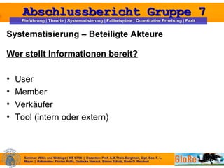 Systematisierung – Beteiligte Akteure Wer stellt Informationen bereit? User              Member  Verkäufer      Tool (intern oder extern) 