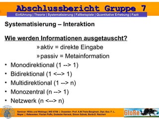 Systematisierung – Interaktion Wie werden Informationen ausgetauscht? aktiv = direkte Eingabe passiv = Metainformation Monodirektional (1 --> 1) Bidirektional (1 <--> 1) Multidirektional (1 --> n) Monozentral (n --> 1) Netzwerk (n <--> n) 