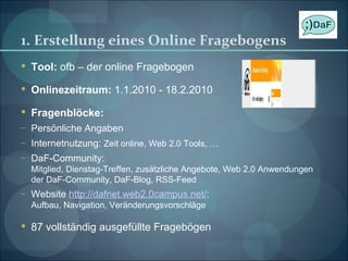 1. Erstellung eines Online Fragebogens Tool:  ofb – der online Fragebogen Onlinezeitraum:  1.1.2010 - 18.2.2010 Fragenblöcke: Persönliche Angaben Internetnutzung:  Zeit online, Web 2.0 Tools, … DaF-Community: Mitglied, Dienstag-Treffen, zusätzliche Angebote, Web 2.0 Anwendungen der DaF-Community, DaF-Blog, RSS-Feed Website  http://dafnet.web2.0campus.net/ : Aufbau, Navigation, Veränderungsvorschläge 87 vollständig ausgefüllte Fragebögen 