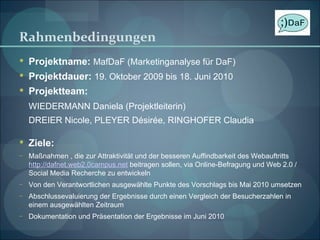 Rahmenbedingungen Projektname:   MafDaF (Marketinganalyse für DaF) Projektdauer:   19. Oktober 2009 bis 18. Juni 2010 Projektteam: WIEDERMANN Daniela (Projektleiterin) DREIER Nicole, PLEYER Désirée, RINGHOFER Claudia Ziele: Maßnahmen  , die zur Attraktivität und der besseren Auffindbarkeit des Webauftritts  http://dafnet.web2.0campus.net  beitragen sollen, via Online-Befragung und Web 2.0 / Social Media Recherche zu entwickeln Von den Verantwortlichen ausgewählte Punkte des Vorschlags bis Mai 2010 umsetzen Abschlussevaluierung der Ergebnisse durch einen Vergleich der Besucherzahlen in einem ausgewählten Zeitraum Dokumentation und Präsentation der Ergebnisse im Juni 2010 