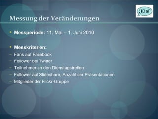 Messung der Veränderungen Messperiode:  11. Mai – 1. Juni 2010 Messkriterien: Fans auf Facebook Follower bei Twitter Teilnehmer an den Dienstagstreffen Follower auf Slideshare, Anzahl der Präsentationen Mitglieder der Flickr-Gruppe 