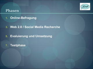 Phasen Online-Befragung Web 2.0 / Social Media Recherche Evaluierung und Umsetzung Testphase 