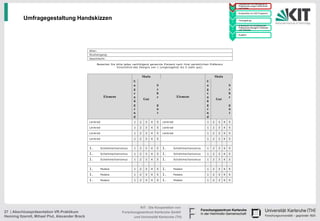 • Handskizzen und Befragung zu
                                                                                                                                                                   Präferenzen junger Fahrerinnen
                                                                                                                                                             1     und Fahrer

                                                                                                                                                                 • Konstruktion im CAD Programm
                                                                                                                                                             2

          Umfragegestaltung Handskizzen                                                                                                                      3
                                                                                                                                                                 • Texturgebung

                                                                                                                                                                 • Endversuch zur Ermittlung der
                                                                                                                                                                   Präferenzen bezüglich Varianten
                                                                                                                                                             4     und Texturen

                                                                                                                                                                 • Ausblick
                                                                                                                                                             5




                                                 Alter:
                                                 Studiengang:
                                                 Geschlecht:

                                                      Bewerten Sie bitte jedes nachfolgend genannte Element nach ihrer persönlichen Präferenz
                                                                   hinsichtlich des Designs von 1 (ungenügend) bis 5 (sehr gut).


                                                                                       Skala                                                 Skala
                                                                               U                                                     U
                                                                               n                   S                                 n                   S
                                                                               g                   e                                 g                   e
                                                                               e                   h                                 e                   h
                                                             Element           n                   r               Element           n                   r
                                                                                       Gut                                                   Gut
                                                                               ü                                                     ü
                                                                               g                   g                                 g                   g
                                                                               e                   u                                 e                   u
                                                                               n                   t                                 n                   t
                                                                               d                                                     d
                                                 Lenkrad                       1   2     3     4   5   Lenkrad                       1   2     3     4   5

                                                 Lenkrad                       1   2     3     4   5   Lenkrad                       1   2     3     4   5

                                                 Lenkrad                       1   2     3     4   5   Lenkrad                       1   2     3     4   5

                                                 Lenkrad                       1   2     3     4   5                                 1   2     3     4   5


                                                 1.        Schaltmechanismus   1   2     3     4   5   1.        Schaltmechanismus   1   2     3     4   5

                                                 1.        Schaltmechanismus   1   2     3     4   5   1.        Schaltmechanismus   1   2     3     4   5

                                                 1.        Schaltmechanismus   1   2     3     4   5   1.        Schaltmechanismus   1   2     3     4   5


                                                 1.        Pedale              1   2     3     4   5   1.        Pedale              1   2     3     4   5

                                                 1.        Pedale              1   2     3     4   5   1.        Pedale              1   2     3     4   5

                                                 1.        Pedale              1   2     3     4   5   1.        Pedale              1   2     3     4   5




                                                                                  KIT - Die Kooperation von
27 | Abschlusspräsentation VR-Praktikum                                 Forschungszentrum Karlsruhe GmbH
Henning Itzerott, Mihael Plut, Alexander Brack                                und Universität Karlsruhe (TH)
 