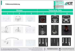 • Handskizzen und Befragung zu
                                                                                                         Präferenzen junger Fahrerinnen
                                                                                                   1     und Fahrer

                                                                                                       • Konstruktion im CAD Programm
                                                                                                   2

          Präferenzveränderung                                                                     3
                                                                                                       • Texturgebung

                                                                                                       • Endversuch zur Ermittlung der
                                                                                                         Präferenzen bezüglich Varianten
                                                                                                   4     und Texturen

                                                                                                       • Ausblick
                                                                                                   5



                                     Skizzen                                                Texturierte Teile
              1                            2          3                                 1          2                                       3




                                                           KIT - Die Kooperation von
51 | Abschlusspräsentation VR-Praktikum          Forschungszentrum Karlsruhe GmbH
Henning Itzerott, Mihael Plut, Alexander Brack         und Universität Karlsruhe (TH)
 