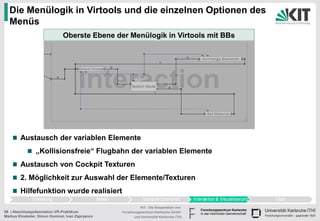 Die Menülogik in Virtools und die einzelnen Optionen des
  Menüs
                              Oberste Ebene der Menülogik in Virtools mit BBs




        Austausch der variablen Elemente
                „Kollisionsfreie“ Flugbahn der variablen Elemente
        Austausch von Cockpit Texturen
        2. Möglichkeit zur Auswahl der Elemente/Texturen
        Hilfefunktion wurde realisiert

                                                           KIT - Die Kooperation von
59 | Abschlusspräsentation VR-Praktikum          Forschungszentrum Karlsruhe GmbH
Markus Kinateder, Simon Hummel, Ivan Zapryanov         und Universität Karlsruhe (TH)
 
