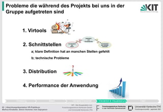 Probleme die während des Projekts bei uns in der
   Gruppe aufgetreten sind


                    1. Virtools

                     2. Schnittstellen
                             a; klare Definition hat an manchen Stellen gefehlt
                             b; technische Probleme



                     3. Distribution

                     4. Performance der Anwendung


                                                           KIT - Die Kooperation von
63 | Abschlusspräsentation VR-Praktikum          Forschungszentrum Karlsruhe GmbH
Markus Kinateder, Simon Hummel, Ivan Zapryanov         und Universität Karlsruhe (TH)
 