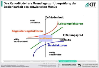 Das Kano-Modell als Grundlage zur Überprüfung der
   Bedienbarkeit des entwickelten Menüs




                                                    Indifferent




                                                           KIT - Die Kooperation von
65 | Abschlusspräsentation VR-Praktikum          Forschungszentrum Karlsruhe GmbH
Markus Kinateder, Simon Hummel, Ivan Zapryanov         und Universität Karlsruhe (TH)
 