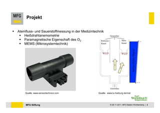 Projekt

Atemfluss- und Sauerstoffmessung in der Medizintechnik
    Heißdrahtanemometrie
    Paramagnetische Eigenschaft des O2
    MEMS (Mikrosystemtechnik)




    Quelle: www.sensortechnics.com                Quelle: www.tu-harburg.de/mst




     MFG Stiftung                                           © 28.11.2011, MFG Baden-Württemberg | 3
 