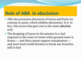 Role of ABA in abscission
 ABA also promotes abscission of leaves and fruits (in
contrast to auxin, which inhibits abscission). It is, in
fact, this action that gave rise to the name abscisic
acid.
 The dropping of leaves in the autumn is a vital
response to the onset of winter when ground water is
frozen — and thus cannot support transpiration —
and snow load would threaten to break any branches
still in leaf.
 