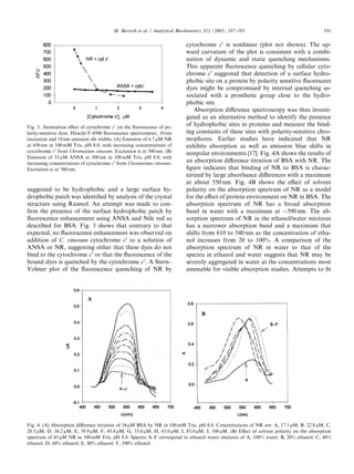 M. Bertsch et al. / Analytical Biochemistry 313 (2003) 187–195                                191

                                                                           cytochrome c0 is nonlinear (plot not shown). The up-
                                                                           ward curvature of the plot is consistent with a combi-
                                                                           nation of dynamic and static quenching mechanisms.
                                                                           This apparent ﬂuorescence quenching by cellular cyto-
                                                                           chrome c0 suggested that detection of a surface hydro-
                                                                           phobic site on a protein by polarity sensitive ﬂuorescent
                                                                           dyes might be compromised by internal quenching as-
                                                                           sociated with a prosthetic group close to the hydro-
                                                                           phobic site.
                                                                              Absorption diﬀerence spectroscopy was thus investi-
                                                                           gated as an alternative method to identify the presence
Fig. 3. Anomalous eﬀect of cytochrome c0 on the ﬂuorescence of po-
                                                                           of hydrophobic sites in proteins and measure the bind-
larity-sensitive dyes. Hitachi F-4500 ﬂuorescence spectrometer, 10 nm      ing constants of these sites with polarity-sensitive chro-
excitation and 10 nm emission slit widths. (A) Emission of 6.7 lM NR       mophores. Earlier studies have indicated that NR
at 650 nm in 100 mM Tris, pH 8.0, with increasing concentrations of        exhibits absorption as well as emission blue shifts in
cytochrome c0 from Chromatium vinosum. Excitation is at 500 nm. (B)        nonpolar environments [17]. Fig. 4A shows the results of
Emission of 33 lM ANSA at 500 nm in 100 mM Tris, pH 8.0, with
increasing concentrations of cytochrome c0 from Chromatium vinosum.
                                                                           an absorption diﬀerence titration of BSA with NR. The
Excitation is at 380 nm.                                                   ﬁgure indicates that binding of NR to BSA is charac-
                                                                           terized by large absorbance diﬀerences with a maximum
                                                                           at about 550 nm. Fig. 4B shows the eﬀect of solvent
suggested to be hydrophobic and a large surface hy-                        polarity on the absorption spectrum of NR as a model
drophobic patch was identiﬁed by analysis of the crystal                   for the eﬀect of protein environment on NR in BSA. The
structure using Rasmol. An attempt was made to con-                        absorption spectrum of NR has a broad absorption
ﬁrm the presence of the surface hydrophobic patch by                       band in water with a maximum at $590 nm. The ab-
ﬂuorescence enhancement using ANSA and Nile red as                         sorption spectrum of NR in the ethanol/water mixtures
described for BSA. Fig. 3 shows that contrary to that                      has a narrower absorption band and a maximum that
expected, no ﬂuorescence enhancement was observed on                       shifts from 610 to 540 nm as the concentration of etha-
addition of C. vinosum cytochrome c0 to a solution of                      nol increases from 20 to 100%. A comparison of the
ANSA or NR, suggesting either that these dyes do not                       absorption spectrum of NR in water to that of the
bind to the cytochrome c0 or that the ﬂuorescence of the                   spectra in ethanol and water suggests that NR may be
bound dyes is quenched by the cytochrome c0 . A Stern–                     severely aggregated in water at the concentrations most
Volmer plot of the ﬂuorescence quenching of NR by                          amenable for visible absorption studies. Attempts to ﬁt




Fig. 4. (A) Absorption diﬀerence titration of 54 lM BSA by NR in 100 mM Tris, pH 8.0. Concentrations of NR are: A, 17.1 lM; B, 22.8 lM; C,
28.5 lM; D, 34.2 lM; E, 39.9 lM; F, 45.6 lM; G, 53.0 lM; H, 63.0 lM; I, 85.0 lM; J, 108 lM. (B) Eﬀect of solvent polarity on the absorption
spectrum of 45 lM NR in 100 mM Tris, pH 8.0. Spectra A–F correspond to ethanol–water mixtures of A, 100% water; B, 20% ethanol; C, 40%
ethanol, D, 60% ethanol; E, 80% ethanol; F, 100% ethanol.
 