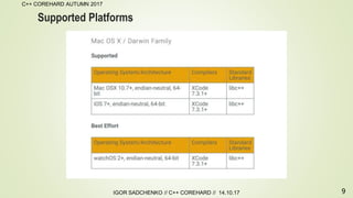 9
C++ COREHARD AUTUMN 2017
IGOR SADCHENKO // C++ COREHARD // 14.10.17
Supported Platforms
 