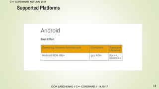 11
C++ COREHARD AUTUMN 2017
IGOR SADCHENKO // C++ COREHARD // 14.10.17
Supported Platforms
 